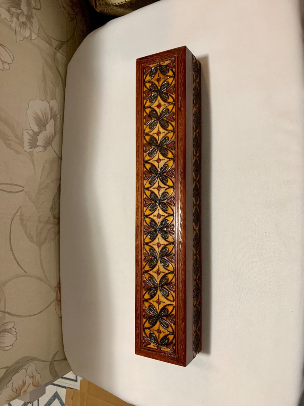Ornate Carved Wooden Jewelry Trinket Treasure Box Hinged Lid 17” x 3.25” x 2.5”